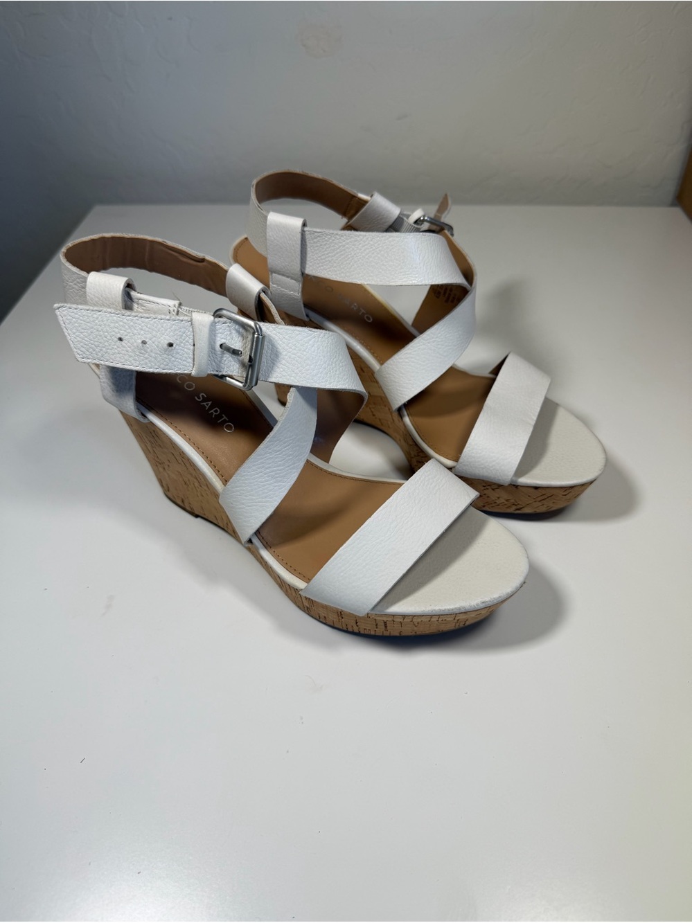 Franco Sarto White Cork Platform Wedge Sandals